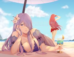  2girls absurdres artist_name beach beach_umbrella bikini bikini_skirt biting_own_lip blue_sky breasts camilla_(fire_emblem) camilla_(summer)_(fire_emblem) cloud commentary_request cordelia_(fire_emblem) cordelia_(summer)_(fire_emblem) cup day deh_sofa drinking_glass fire_emblem fire_emblem_awakening fire_emblem_fates fire_emblem_heroes flower from_behind hair_flower hair_ornament hair_over_one_eye highres holding holding_cup large_breasts lips long_hair lying multiple_girls naughty_face o-ring o-ring_bikini on_stomach outdoors parted_lips purple_eyes purple_hair red_hair see-through sky smile standing swimsuit umbrella water 