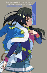  absurdres ayasugi_tsubaki black_hair blue_eyes commentary_request copyright_name cowboy_shot female grey_background hair_ornament hand_on_own_chest highres jacket jacket_on_shoulders kagura_hikari long_hair looking_at_viewer photoshop_(medium) pleated_skirt shoujo_kageki_revue_starlight simple_background skirt smile solo sparkle_hair_ornament star_(symbol) star_hair_ornament 