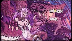  :d abyssal_ship animal_hands artist_name bad_link bare_shoulders black_border border breasts claws covered_navel crossover dragon_girl dragon_horns dragon_tail dragon_wings extra_mouth fangs female from_side gold_teeth gorget highres horns jabberwock_(monster_girl_encyclopedia) kantai_collection large_breasts leotard monster_girl monster_girl_encyclopedia open_mouth purple_hair purple_theme ramenwarwok red_eyes second-party_source signature smile solo standing tail tentacle white_leotard wings 