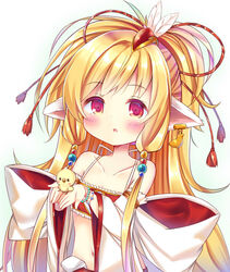  :o animal animal_ears bandeau bare_shoulders bird blonde_hair blush blush_stickers chick collarbone commentary_request detached_sleeves earrings esureki feather_hair_ornament feathers female granblue_fantasy hair_ornament halterneck harvin holding holding_animal jewelry long_hair long_sleeves looking_at_viewer mahira_(granblue_fantasy) midriff navel parted_lips red_eyes simple_background solo tareme very_long_hair white_background white_sleeves wide_sleeves 