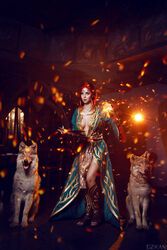  blue_eyes breasts circlet cosplay costume dress female freckles full_body helly_von_valentine_(disharmonica) indoors jewelry large_breasts long_hair magic necklace no_bra parted_lips photo red_hair robe sandals side_braids solo standing the_witcher triss_merigold wolf 