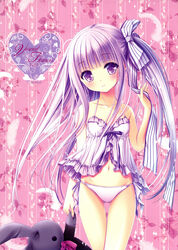  absurdres artist_name babydoll blunt_bangs blush bow breasts collarbone feathers female floating_hair frilled_babydoll frills gotou_jun hair_ribbon hairbow head_tilt heart highres holding long_hair looking_at_viewer midriff navel one_side_up panties patterned_background photoshop_(medium) pink_background purple_bow purple_eyes purple_hair purple_ribbon ribbon small_breasts smile solo standing stomach striped striped_bow striped_ribbon stuffed_animal stuffed_rabbit stuffed_toy tenshi_no_3p! tinker_bell_(pixiv_10956015) underwear underwear_only very_long_hair white_panties white_ribbon 