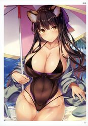  absurdres animal_ears artist_name bare_shoulders blush breasts brown_eyes brown_hair cleavage closed_mouth collarbone female groin highleg highleg_swimsuit highres holding jacket large_breasts long_hair long_sleeves looking_at_viewer off_shoulder one-piece_swimsuit open_clothes open_jacket page_number scan shimakaze_(soundz_of_bell) shore smile solo swimsuit tiger_ears toranoana umbrella water 