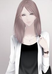  bag black_shirt brown_hair commentary_request erise eyelashes female grey_background grey_eyes handbag highres jacket jewelry long_hair long_neck looking_at_viewer necklace original shirt simple_background solo upper_body watch white_jacket wristwatch 