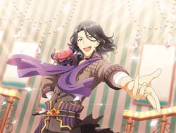  1boy :d asselin_bb_ii beckoning black_hair choker fingernails game_cg hand_on_own_hip heterochromia idolmaster idolmaster_side-m idolmaster_side-m_live_on_stage! long_sleeves looking_at_viewer open_mouth outstretched_hand parted_hair popped_collar red_eyes satan_(idolmaster) smile sparkle stuffed_toy wavy_hair yellow_eyes 