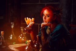  book chin_rest circlet cosplay costume dress female flask freckles helly_von_valentine_(disharmonica) indoors jewelry looking_afar makeup necklace pendant photo red_hair robe side_braids sitting solo table the_witcher triss_merigold upper_body 