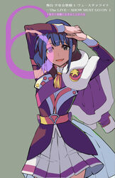  absurdres arms_up ayasugi_tsubaki blue_hair blunt_bangs commentary_request copyright_name cowboy_shot female green_eyes grey_background hanayagi_kaoruko highres jacket jacket_on_shoulders long_hair looking_at_viewer open_mouth own_hands_together photoshop_(medium) pleated_skirt sash shoujo_kageki_revue_starlight simple_background skirt smile solo 