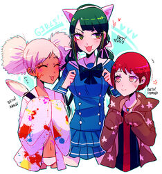  3girls alternative_costume alternative_hairstyle animal_ears chabashira_tenkoyumeno_himiko closed_eyes danganronpa dark_skin facial_mark huyandere jewelry long_hair multiple_girls necklace new_danganronpa_v3 red_hair short_hair skirt smile yonaga_angie 