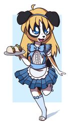  2018 aggie_(artist) anthro australian_shepherd blonde_hair blue_eyes bow_dress bow_leg_warmers canid canine canis clothed clothing digital_media_(artwork) domestic_dog dress female food footwear fur hair herding_dog hi_res holding_object legwear long_hair mammal open_mouth pastoral_dog plate sheepdog simple_background smile socks solo taco young young_anthro 