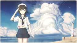  a6m_zero absurdres aircraft airplane arm_up beret blouse cloud cloudy_sky coat commentary_request cowboy_shot day female fubuki_(kancolle) gloves hat highres horizon kantai_collection key_kun lighthouse looking_at_viewer navel neckerchief outdoors pleated_skirt sailor_collar salute school_uniform serafuku shirt shore short_hair short_sleeves skirt sky smile solo standing thigh_gap water white_gloves white_shirt 