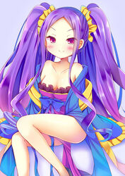  &gt;:) bare_legs bare_shoulders black_footwear blue_background blue_bow blue_ribbon blush bow breasts chinese_clothes cleavage collarbone commentary_request esureki fate/grand_order fate_(series) female frilled_sleeves frills hair_ornament hair_scrunchie hanfu highres long_hair long_sleeves looking_at_viewer no_socks off_shoulder open_clothes pelvic_curtain purple_eyes purple_hair ribbon sash scrunchie shawl shoes sidelocks simple_background sitting sleeves_past_wrists small_breasts smile solo tsurime twintails v-shaped_eyebrows very_long_hair wide_sleeves wu_zetian_(fate) wu_zetian_(first_ascension)_(fate) yellow_scrunchie 