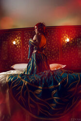  bed bedroom circlet cosplay costume dress female freckles full_body helly_von_valentine_(disharmonica) indoors jewelry kneeling lens_flare looking_afar makeup necklace no_bra on_bed parted_lips pendant photo pillow red_hair robe side_braids solo the_witcher triss_merigold undressing 