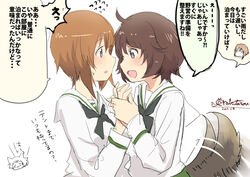  2girls akiyama_yukari blush brown_eyes brown_hair commentary_request dated girls_und_panzer holding_hands multiple_girls nishizumi_miho ooarai_school_uniform open_mouth school_uniform serafuku smile tail tail_wagging translated yukiyanagi_raki yuri 