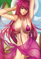  adapted_costume arm_up bad_id bad_pixiv_id bikini bracelet breasts cleavage covered_nipples cyicheng fate/grand_order fate_(series) female head_tilt jewelry large_breasts linked_bikini long_hair looking_at_viewer outdoors photoshop_(medium) purple_bikini purple_hair purple_sarong red_eyes sarong scathach_(fate) scathach_(swimsuit_assassin)_(fate) solo swimsuit thigh_strap 