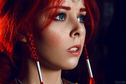  aqua_eyes blue_eyes circlet close-up cosplay face female freckles helly_von_valentine_(disharmonica) jewelry looking_afar makeup necklace parted_lips photo red_hair side_braids solo the_witcher triss_merigold 