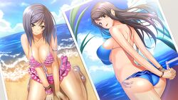  2girls ass beach bikini black_eyes black_hair breasts brown_eyes cleavage game_cg long_hair shimai_to_nau short_hair swimsuit takanashi-a waffle warabino_matsuri 