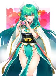  aqua_hair commentary_request fate/grand_order fate_(series) female green_hair han&#039;eri heart heart_hands horns japanese_clothes kimono kiyohime_(fate) long_hair looking_at_viewer obi obiage obijime open_mouth pelvic_curtain sash solo sora-bozu yellow_eyes 