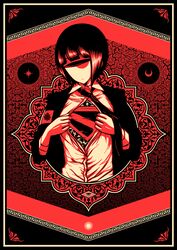  absurdres bad_id bad_pixiv_id black_hair black_necktie black_theme blunt_bangs border commentary crescent cyclops dc_comics female flower_ornament highres jitome limited_palette looking_at_viewer necktie nonumberless one-eyed open_clothes open_shirt original red_eyes red_theme shirt solo star_(symbol) sun superman superman_(series) superman_exposure upper_body 