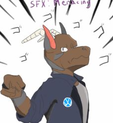  anthro claws clothed clothing fully_clothed gesture hand_gesture horn kobold kollynn_blackpaw looking_at_viewer male meme menacing_(disambiguation) menacing_(meme) pointing scalie solo volkswagen 