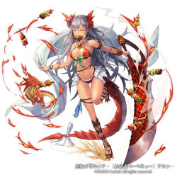  armor bikini bikini_armor breasts closed_eyes commentary_request copyright_name cuboon dragon dragon_tail female fire flower food grey_hair grill gyakuten_othellonia hair_flower hair_ornament kebab medium_breasts navel official_art photoshop_(medium) simple_background solo swimsuit sword tail weapon white_background 