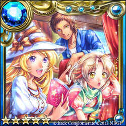  .hack// 2girls asymmetrical_hair blazer blonde_hair blue_eyes bow breasts brown_bow brown_hair character_request commentary_request copyright_name curtains dated guilty_dragon hat hat_bow heterochromia holding jacket kazura_enji long_hair looking_at_viewer multicolored_clothes multiple_girls official_art open_mouth pointy_ears purple_eyes shirt short_sleeves star_(symbol) window yellow_eyes 