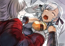  1boy bangs breasts cleavage clenched_teeth commander_(girls_frontline) detached_sleeves drooling eyebrows_visible_through_hair female food girls_frontline gloves hair_ribbon hamburger holding holding_food indoors jacket large_breasts lolicept long_hair looking_at_viewer open_mouth parody red_eyes resident_evil resident_evil_2 ribbon saliva short_hair silver_hair spas-12_(girls_frontline) teeth twintails white_hair 