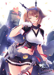  ;d arm_up bangs banned_artist belt black_skirt blush breasts brown_hair cape chains collar commentary_request confetti cowboy_shot dated eyebrows_visible_through_hair female finger_to_mouth gloves green_eyes headgear heart kantai_collection kyara36 large_breasts leaning_to_the_side looking_at_viewer miniskirt mutsu_(kantai_collection) navel one_eye_closed open_mouth pleated_skirt red_ribbon ribbon rigging signature simple_background skirt smile solo striped striped_legwear tassel thighhighs twitter_username unbuttoned white_background white_cape white_gloves 