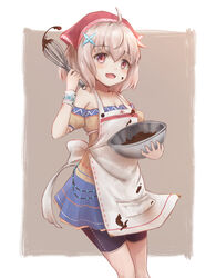  ahoge aoyuki apron blush bowl chocolate_making commentary_request dress female food food_on_face hair_ornament holding holding_bowl leaf_(sennen_sensou_aigis) light_brown_hair mixing_bowl red_eyes sennen_sensou_aigis short_hair shorts smile solo standing whisk wrist_cuffs x_hair_ornament 