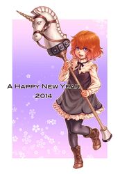  2014 :d ankle_boots aurelia_(gundam) bad_id bad_pixiv_id black_dress black_pantyhose blush boots brown_footwear cherry_blossom_print dress female floral_print full_body gradient_background gundam gundam_msv happy_new_year highres hobby_horse holding holding_staff horse_statue kosai_takayuki long_sleeves looking_at_viewer msv-r:_legend_of_the_universal_century_heroes:_the_fabulous_shin_matsunaga nengajou new_year open_mouth orange_hair outside_border pantyhose purple_background purple_eyes short_hair smile solo staff standing standing_on_one_leg statue two-tone_background unicorn wavy_hair white_background 