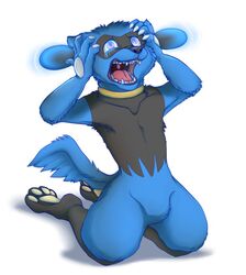  2016 4_toes 5_fingers alternate_version_at_source anthro black_body black_fur black_nose blue_body blue_fur bodily_fluids canid canine crying eyebrows featureless_crotch feet fingers fur generation_4_pokemon glowing glowing_eyes kneeling lurry male mammal nintendo nude open_mouth pokemon pokemon_(species) pokemorph raised_inner_eyebrows red_eyes riolu scared screaming simple_background solo tears toes tongue uvula white_background 