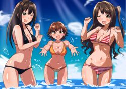  3girls alternate_costume bare_arms bare_shoulders bikini black_bikini black_hair breasts brown_hair cleavage cloud commentary_request covered_nipples day honda_mio idolmaster idolmaster_cinderella_girls long_hair medium_breasts multiple_girls navel new_generations_(idolmaster) one_eye_closed one_side_up open_mouth outdoors partially_submerged senshiya shibuya_rin shimamura_uzuki shiny_skin short_hair sky striped_bikini striped_clothes swimsuit thighs water yellow_bikini 