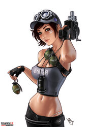  2009 alien_(series) aliens_(1986) baseball_cap becky_(imaginefx) belt_pouch breasts brown_hair camera camisole clothes_writing commentary covered_nipples crop_top encom english_commentary explosive female fingerless_gloves gloves goggles goggles_on_head grenade hat highleg highleg_panties imaginefx lips looking_at_viewer mascot medium_breasts midriff movie_camera navel november ocp panties parted_lips photoshop_(medium) pouch realistic robocop shiny_skin short_hair signature simple_background skindentation solo strap_gap tattoo tron underwear warren_louw weyland-yutani white_background white_panties 