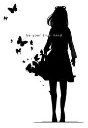  bug butterfly commentary_request english_text female full_body greyscale monochrome persona persona_1 petit photoshop_(medium) short_hair silhouette solo sonomura_maki standing white_background 