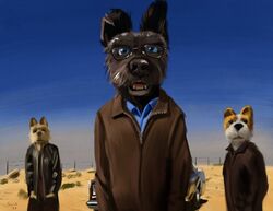  2018 anthro black_nose blue_eyes boss_(isle_of_dogs) breaking_bad canid canine canis car chief_(isle_of_dogs) clothed clothing crossover detailed_background digital_media_(artwork) digital_painting_(artwork) domestic_dog eyewear fangs fully_clothed glasses group isle_of_dogs mammal open_mouth rex_(isle_of_dogs) shaded sky standing swish teeth vehicle 