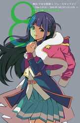  absurdres ayasugi_tsubaki blue_eyes blue_hair blunt_bangs commentary_request copyright_name female grey_background highres jacket jacket_on_shoulders long_hair looking_at_viewer open_mouth own_hands_together photoshop_(medium) pleated_skirt sash shoujo_kageki_revue_starlight simple_background skirt smile solo tsuyuzaki_mahiru two_side_up 