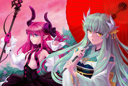  2girls blue_eyes breasts commentary_request dragon_girl dragon_horns elizabeth_bathory_(fate) elizabeth_bathory_(fate/extra_ccc) elizabeth_bathory_(first_ascension)_(fate) fate/grand_order fate_(series) green_hair hair_between_eyes holding holding_weapon horns kiyohime_(fate) lil_(katizua) long_hair long_sleeves looking_at_viewer multiple_girls multiple_horns photoshop_(medium) pointy_ears polearm purple_hair sarkany_csont_landzsa small_breasts spear umbrella weapon yellow_eyes 