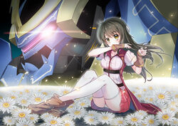  absurdres adeltrud_walter black_hair blush boots commentary_request detached_sleeves female field flower flower_field full_body highres ikaruga_(knight&#039;s_&amp;_magic) knight&#039;s_&amp;_magic long_hair looking_at_viewer mecha miniskirt panties pantyshot petals pink_skirt pleated_skirt realdragon ribbed_shirt robot shiny shirt sitting skirt solo thighhighs underbust underwear white_panties white_thighhighs wind yellow_eyes 