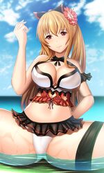  arm_behind_back arm_up blue_sky blush breasts brown_hair cleavage closed_mouth cloud commentary_request day female flower granblue_fantasy hair_flower hair_ornament hair_ribbon highres kuro_tori large_breasts long_hair looking_at_viewer midriff official_alternate_costume outdoors partially_submerged red_eyes ribbon sky smile solo spread_legs swimsuit thigh_strap thighhighs vira_(granblue_fantasy) vira_(summer)_(granblue_fantasy) 