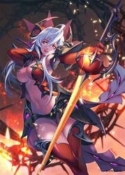  blurry blurry_background breasts commentary_request dice_of_soul female gloves hand_up highres holding holding_sword holding_weapon horns large_breasts looking_at_viewer navel nawol open_mouth red_eyes red_gloves red_legwear silver_hair standing sword thighhighs thorns watermark weapon 