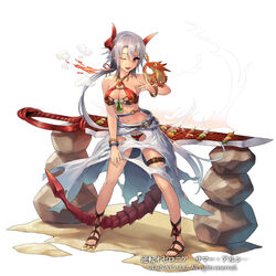  armor bikini bikini_armor breasts commentary_request cooking copyright_name cuboon dragon dragon_tail female fire food full_body grey_hair grill grilling gyakuten_othellonia horns kebab long_hair long_legs medium_breasts navel official_art one_eye_closed photoshop_(medium) red_eyes simple_background solo swimsuit sword tail weapon white_background 