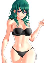  &gt;:( aqua_hair bare_arms bare_legs bare_shoulders black_bra black_panties blue_eyes bra breasts byleth cleavage closed_mouth collarbone eyebrows_visible_through_hair female female fire_emblem fire_emblem:_fuukasetsugetsu hair_between_eyes hand_up highres legs lingerie long_hair looking_at_viewer medium_breasts midriff navel neck nintendo panties purple_eyes serious simple_background solo standing strapless strapless_bra twitter_username underwear white_background 