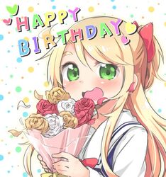  :3 :d birthday blonde_hair bouquet commentary_request english_text female flower green_eyes happy_birthday himesaka_noa holding long_hair mukunoki_nanatsu open_mouth school_uniform smile solo watashi_ni_tenshi_ga_maiorita! 