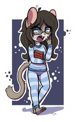  2018 aggie_(artist) anthro blue_eyes book brown_body brown_fur brown_hair buckteeth clothed clothing digital_media_(artwork) dormouse edible_dormouse english_text eyewear female fur glasses hair holding_object mammal miri_(aggie) open_mouth pajama_pants pajama_shirt rodent simple_background solo standing teeth text tired whiskers yawn 