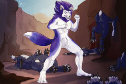  anthro battle blue_body blue_fur blue_hair canid canine canis evil_hare featureless_crotch fight fur group hair hare horn lagomorph leporid male mammal monster monster_farm nude paws rygar syfka tecmo tiger_(monster_rancher) wolf 