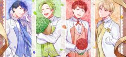  ! 4boys aym_(ash3ash3ash) bad_id bad_pixiv_id black_hair blonde_hair blue_hair bouquet bow bowtie brown_eyes clive_(fire_emblem) closed_eyes commentary_request fire_emblem fire_emblem_echoes:_shadows_of_valentia flower formal forsyth_(fire_emblem) green_hair leaf looking_at_viewer lukas_(fire_emblem) male_focus mole mole_under_mouth multicolored_hair multiple_boys necktie open_mouth petals python_(fire_emblem) red_hair suit teeth two-tone_hair upper_body 