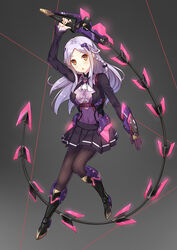  arm_up armor armored_boots ascot black_background black_bow black_skirt blush boots bow braid breasts brown_eyes commentary_request covered_navel female full_body gloves hairbow head_tilt highres holding holding_weapon ldfe_mk2 light_purple_hair long_hair long_sleeves medium_breasts original parted_bangs parted_lips photoshop_(medium) pleated_skirt side_braid single_braid single_glove skirt solo typo very_long_hair weapon whip whip_sword 