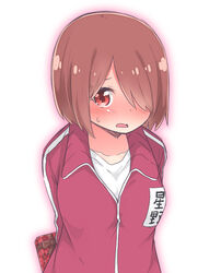  blush box commentary_request female gift gift_box hair_over_one_eye holding holding_behind_back hoshino_miyako_(wataten) jacket mukunoki_nanatsu orange_eyes red_jacket short_hair solo sweatdrop track_jacket track_suit valentine watashi_ni_tenshi_ga_maiorita! white_background 