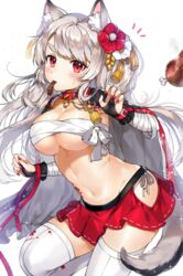  animal_ears armpit_peek azur_lane blush breasts budget_sarashi cape cleavage collar commentary dog_ears dog_tail female flower food front-seamed_legwear gijang grey_hair hair_flower hair_ornament large_breasts leg_up long_hair looking_at_viewer meat miniskirt mouth_hold nail_polish navel official_alternate_costume panties red_eyes red_skirt sarashi seamed_legwear shiny_skin side-tie_panties skirt solo sparkle spiked_collar spikes sweat symbol-only_commentary tail tattoo thick_eyebrows thighhighs underboob underwear very_long_hair white_panties white_thighhighs yuudachi_(azur_lane) yuudachi_(shogun_of_snowballs)_(azur_lane) zettai_ryouiki 