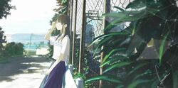  arm_up blue_skirt boku_wa_robot_goshi_no_kimi_ni_koi_wo_suru brown_eyes brown_hair chain-link_fence closed_mouth commentary_request dappled_sunlight day female fence flower hair_ornament hairclip highres holding holding_flower leaf leaning_back long_hair looking_at_viewer loundraw official_art outdoors plant school_uniform shirt short_sleeves skirt smile solo standing sunlight tree vanishing_point white_shirt 