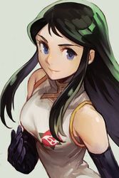  black_gloves black_hair blue_eyes breasts china_dress chinese_clothes dress elbow_gloves female floral_print flower giant_robo ginrei_(giant_robo) gloves green_hair grey_background hungry_clicker lips long_hair looking_at_viewer mackintosh_rose rose rose_print simple_background sleeveless small_breasts smile solo upper_body white_dress 